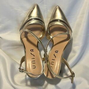 Unisa Yoshie Gold & Clear Slingback Heels Womens SZ 7.5 Pointed Toe Classy Cool